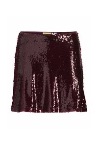 Mini-jupe en sequins bordeaux avec un design à base, présentant une texture scintillante et une silhouette épurée, finie par un ourlet.