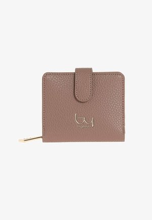 Portafoglio in pelle testurizzata color malva con chiusura a scatto, cursore della cerniera in oro e logo "byblos" dorato sul davanti.