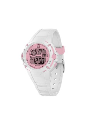 Montre numérique avec un bracelet en silicone blanc et des accents roses. Elle possède un cadran rond avec un affichage numérique, des fonctions d'heure, de date et de lumière.