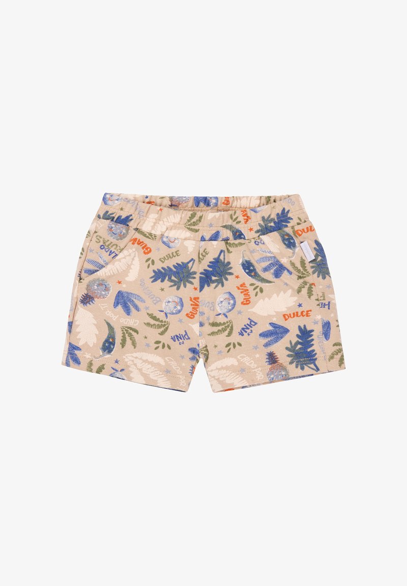 Beige Shorts mit einem elastischen Bund, versehen mit einem Muster aus bunten Blättern und Text in Blau, Grün und Orange. Enthält seitliche Taschen.