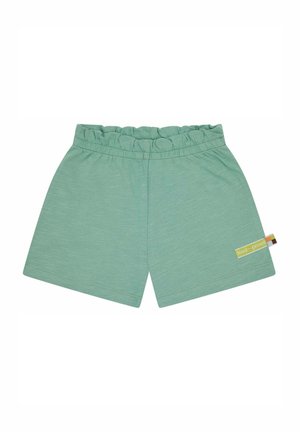 Lichtgroene shorts met een elastische tailleband, gemaakt van zachte stof. Heeft een zijlabel met "loud + proud" in het geel.
