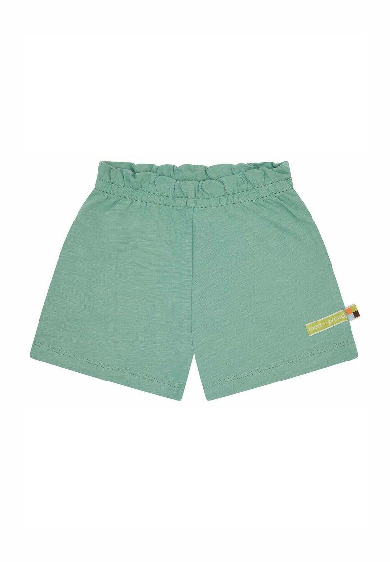 Lichtgroene shorts met een elastische tailleband, gemaakt van zachte stof. Heeft een zijlabel met "loud + proud" in het geel.
