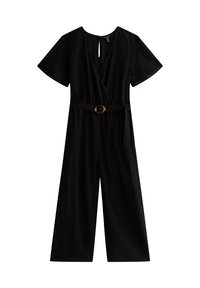 Svart jumpsuit med korta ärmar, V-ringning, omlott-design och vida ben. Har ett bälte med en cirkulär guldspänne.