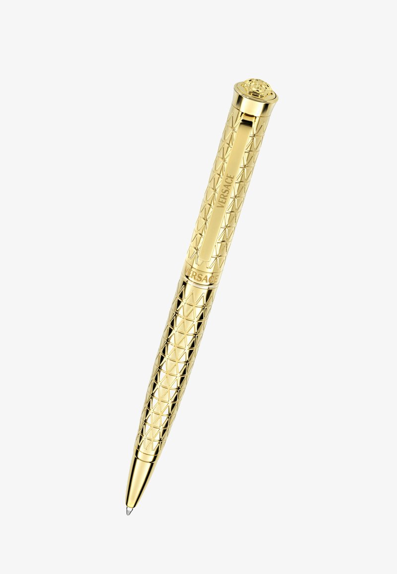 Zelta lodīšu pildspalva ar teksturētu, dimanta raksta korpusu. Iekļauta spīdīga klips un Versace zīmols pie satveres.