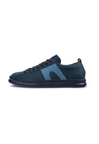 Navy and blue suede sneaker with stitching details, rounded toe, lace-up front, and a flexible rubber sole. Accented with a logo on the side.