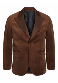 Rjav blazer iz mehkega usnja s satenskim ovratnikom. Ima dve sprednji žepi, zapiranje na gumb in temno podlogo.
