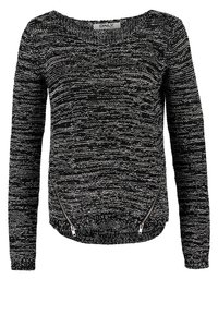 Schwarzer und weißer gestrickter Pullover mit langen Ärmeln, rundem Ausschnitt und silbernen Reißverschlussakzenten am Saum. Strukturierter Stoff mit lockerer Passform.