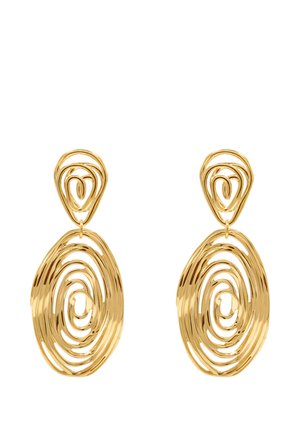 Ohrstecker aus goldfarbenem Metall mit abstrakten, unregelmäßigen ovalen und tropfenförmigen Formen, die konzentrische Schleifen für einen modernen, künstlerischen Look bilden.