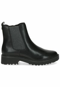 Botín de cuero negro con panel lateral elástico, tejido gris texturizado, punta redonda y suela de goma gruesa con tracción.