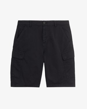 Pantalones cortos cargo negros con botón y cremallera delanteros, dos bolsillos laterales, dos bolsillos cargo con solapa y presillas para cinturón.