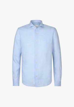 Lyseblå linnedkjorte med lange ærmer, knaplukning foran, klassisk krave og subtil struktur. Har hvide knapper til lukning.