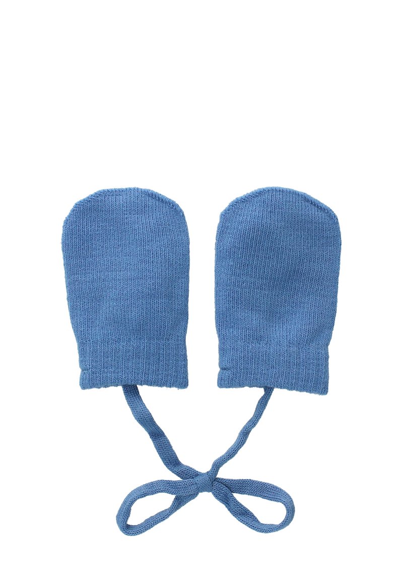 Himmelblaue gestrickte Handschuhe mit einer strukturierten Oberfläche, runden Oberseiten und befestigten Bändern zum Sichern. Schlichtes, funktionales Design ohne Muster.