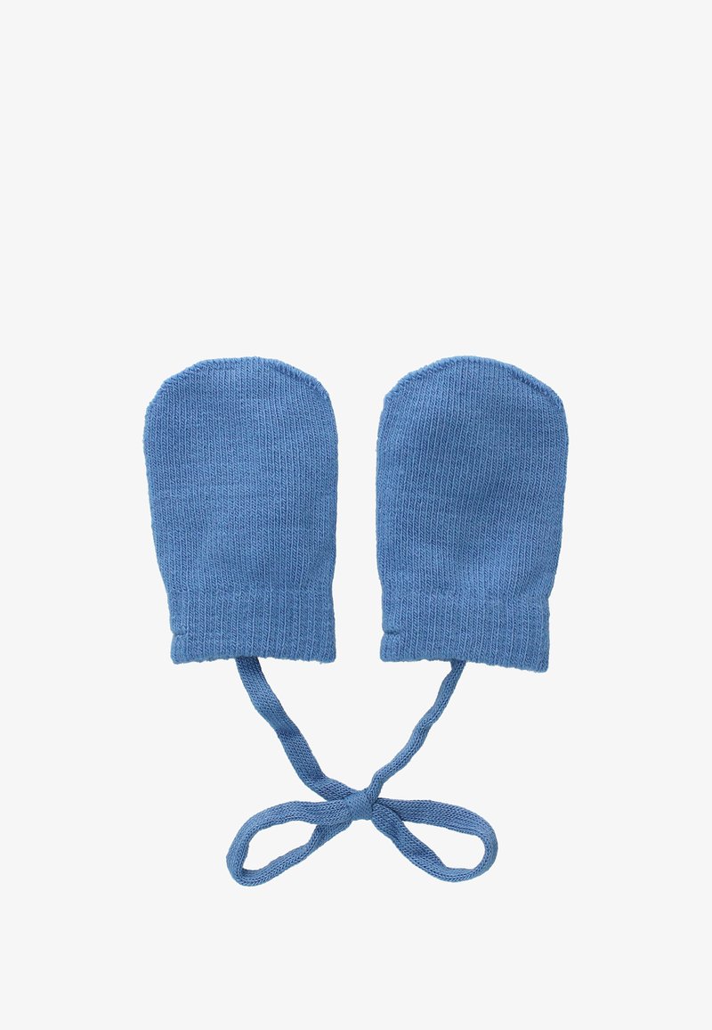 Himmelblaue gestrickte Handschuhe mit einer strukturierten Oberfläche, runden Oberseiten und befestigten Bändern zum Sichern. Schlichtes, funktionales Design ohne Muster.