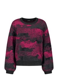 Suéter de punto con cuello redondo, que presenta un patrón abstracto en tonos rosa y negro, textura de punto, y puños y dobladillo acanalados.