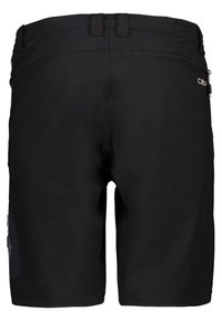 Svarta shorts med en slät yta, med en dragkedjeficka på sidan och en subtil logodetalj. Lättviktsdesign, avslappnad stil.