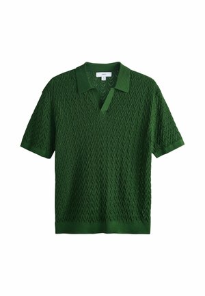 Green short-sleeve knit polo shirt with textured zigzag pattern and collar, size medium, on white background.