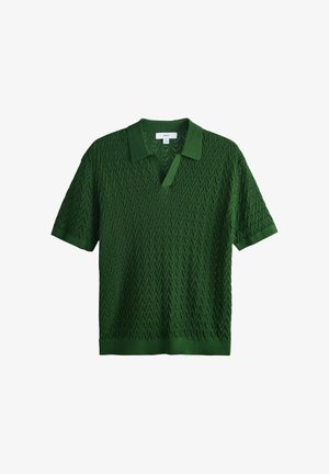 Green short-sleeve knit polo shirt with textured zigzag pattern and collar, size medium, on white background.