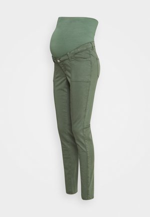 Maternity jeans in olive green, featuring a stretchy over-the-bump waistband, slim fit, five-pocket design, and a smooth cotton blend texture.