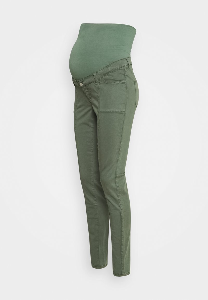 Gravidjeans i olivgrön, med en elastisk midja som går över magen, slim fit, femficksdesign och en mjuk bomullsblandning.