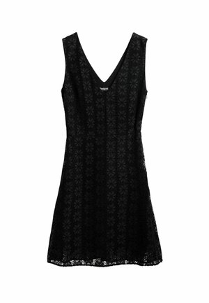 Robe en dentelle noire avec un décolleté en V, sans manches, motif floral et corsage ajusté. Jupe évasée et détails en tissu texturé sur l'ensemble.