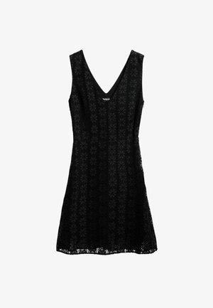 Zwarte kanten jurk met V-hals, mouwloos ontwerp, bloemmotief en aansluitende taille. Aangerimpelde rok en textuurdetails in de stof.