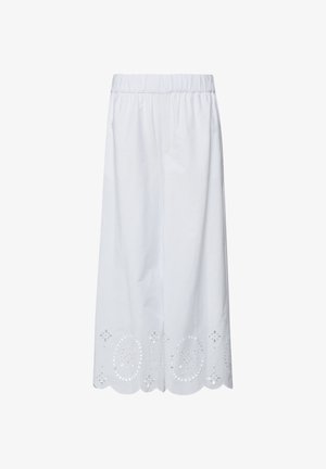 Weißer Midirock mit elastischem Bund und geschwungenem Saum mit kreisförmiger und floraler Cutout-Stickerei.