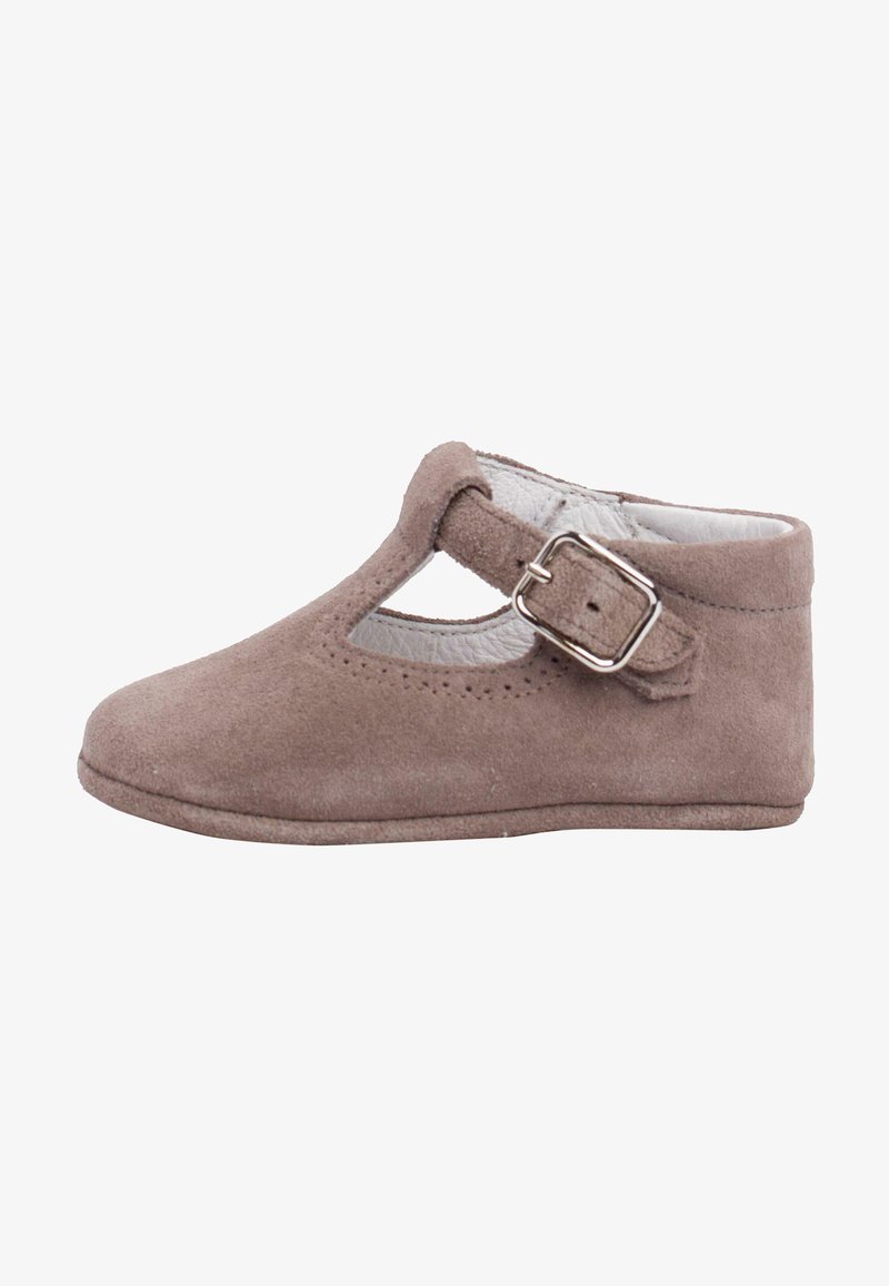 Brown suede toddler shoe with a buckle strap, cut-out design, rounded toe, and soft textured surface; flat sole.
