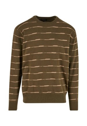 Olivenfarbener Pullover mit horizontalen beigen Streifen. Rundhalsausschnitt, lange Ärmel, gerippte Bündchen und Saum. Weicher Stoff, lässiges Design.