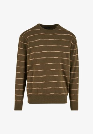 Olijfgroen trui met horizontale beige strepen. Ronde hals, lange mouwen, geribbelde boorden en onderrand. Zachte textuur, casual ontwerp.