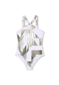 Costume intero bianco con motivi geometrici in oro metallizzato, dotato di spalline incrociate e una texture liscia. Logo del marchio sull'anca.