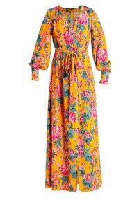 Maxiklänning i gult med livfullt rosa och blått blommönster. Har långa ärmar, v-ringning och en egen knytning i midjan. Slät tygtextur.