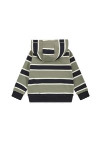 Groene en zwarte gestreepte hoodie met een voork pocket en capuchon. Gemaakt van zachte stof, heeft contrasterende strepen en geribde manchetten.