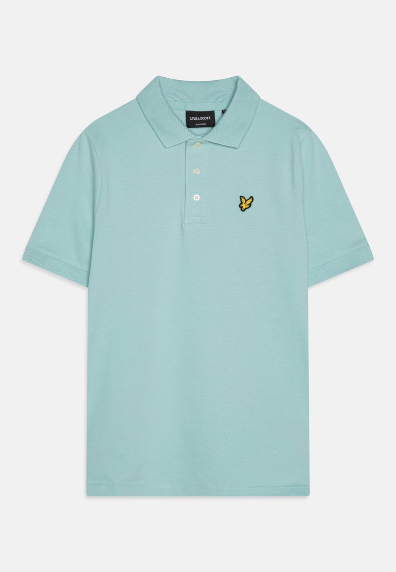 Polo tričko ve světle mátové barvě, vyrobené z bavlny. Má límec, zapínání na tři knoflíky a žluté vyšívané logo na hrudi.