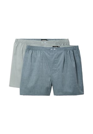 Deux paires de boxers pour hommes en coton, en gris clair et bleu, avec des ceintures élastiques et des fermetures à braguette avec boutons.