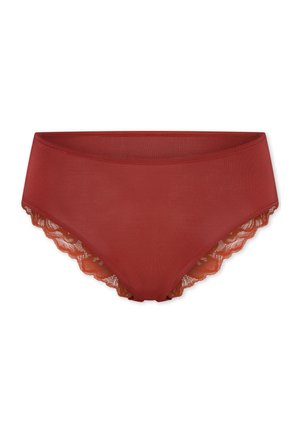 Rust-colored women's briefs with lace trim along the leg openings, featuring a smooth fabric and a mid-rise cut.