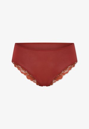 Damen-Slips in Rostfarbe mit Spitzenbesatz entlang der Beinöffnungen, aus glattem Stoff und mit einem mittelhohen Schnitt.