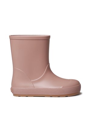 Enkele mid-hoge rubberen regenlaars in stoffig roze met een gestructureerde zool en een afgeronde neus, gezien vanaf de rechterkant tegen een witte achtergrond.
