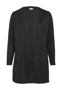 Schwarzer langer Cardigan mit V-Ausschnitt, ausgestattet mit einem strukturierten, gefleckten Strickmuster und einem offenen Design vorne. Seitenschlitze verbessern die Passform.