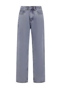 Light blue denim jeans with a straight leg fit. Features include a high waist, classic five-pocket design, and subtle fading on the fabric.