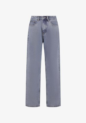 Lyseblå denim jeans med lige ben. Funktionen inkluderer en høj talje, klassisk fem-lomme design og subtil falming på stoffet.