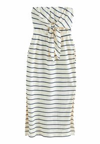 Trägerloses Kleid in Creme mit navyblauen horizontalen Streifen, ausgestattet mit einem geknoteten Frontband, seitlichen Schlitzen und einer figurnahen Silhouette.
