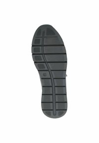 Suola di scarpa nera in gomma con modelli di battistrada pronunciati, aree testurizzate e linee scanalate per la trazione. Presenta la taglia contrassegnata come 37.