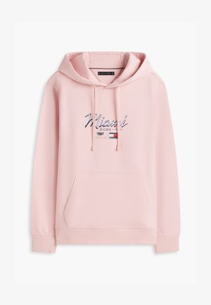 Világos rózsaszín kapucnis pulóver elején zsebbel, húzózsinórokkal és "Miami 2025-1985" felirattal, valamint apró logókkal a mellrészen.