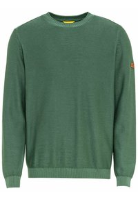 Green knitted sweater with a round neck, textured fabric, and ribbed cuffs. Features a small brown label on the left sleeve.