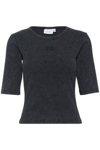 Black ribbed t-shirt with a round neckline and short sleeves. Features a subtle logo embroidered on the chest. Made from soft fabric.