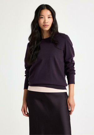 Donna con lunghi capelli neri che indossa un maglione viola scuro sopra una camicia chiara e una gonna nera, in piedi davanti a uno sfondo bianco semplice.