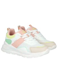 Zapatillas deportivas con una parte superior de malla blanca y acentos en rosa pastel, verde y beige, con una suela acolchada y detalles moteados.