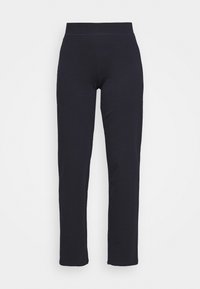 Mörkblå stretchbyxor med en slät yta, med ett brett resårmidjeband och raka ben, designade för komfort och rörlighet.