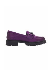Purple leather shoe with a black accent strap and circular hardware. Features a thick black sole with a treaded texture. Classic loafer design.