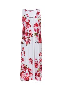 Abito maxi senza maniche bianco con grandi stampe floreali rosse e rosa, scollo tondo e dettaglio plissettato davanti.